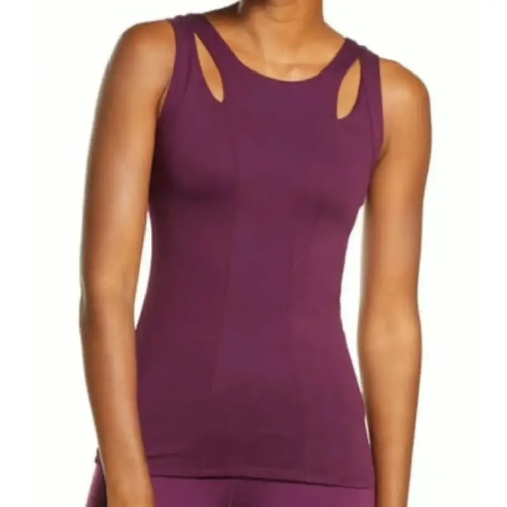 Alo Yoga Long Arch Tank Top Small Black Plum Purple Cutout Gym Activewear Lounge